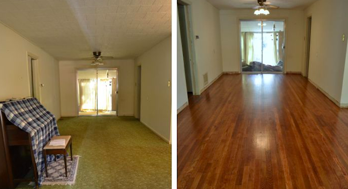 Before and after, carpet to hardwood floors